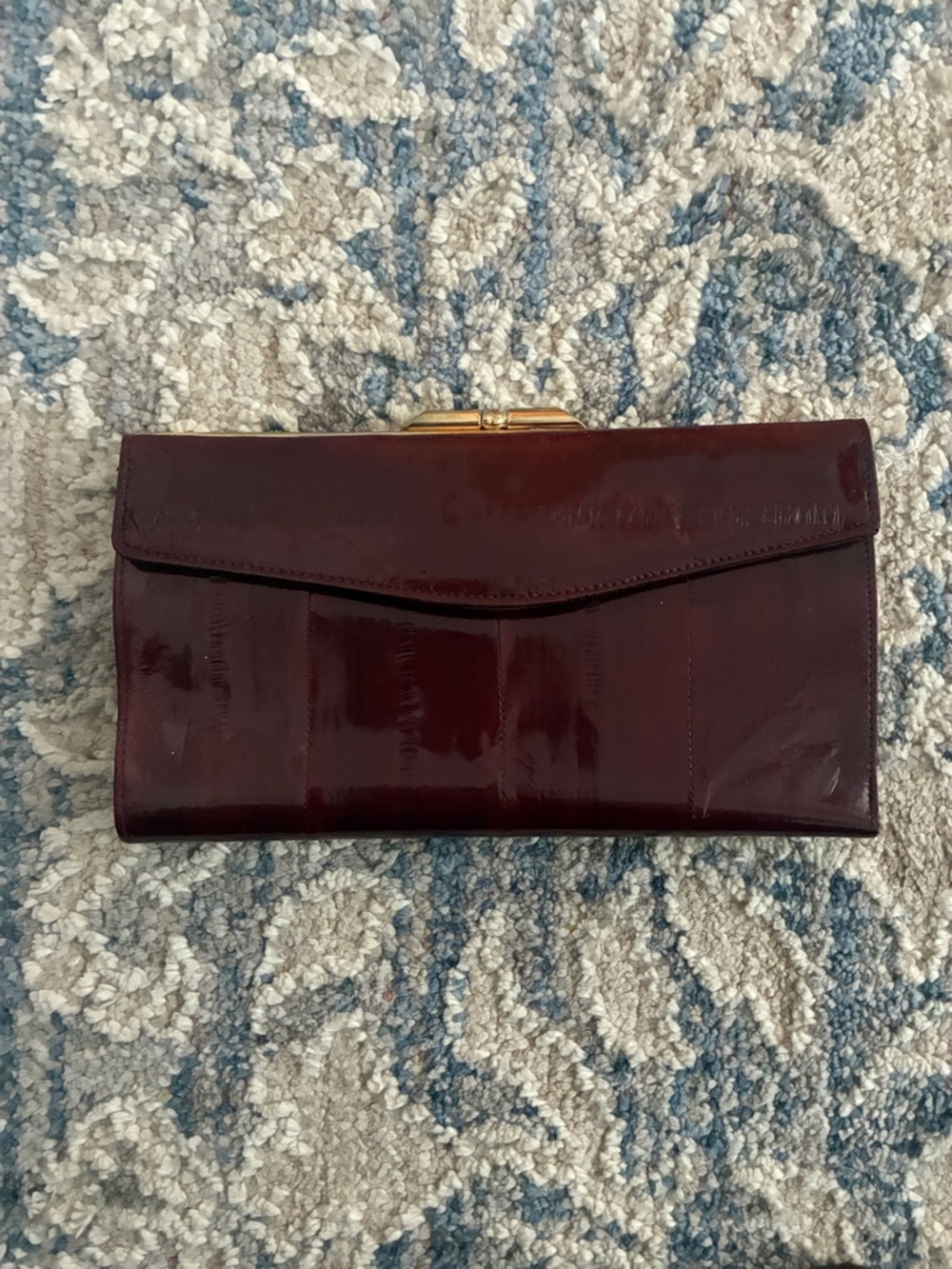 Vintage Patent Real Leather Clutch - Burgundy with Gold Clasp